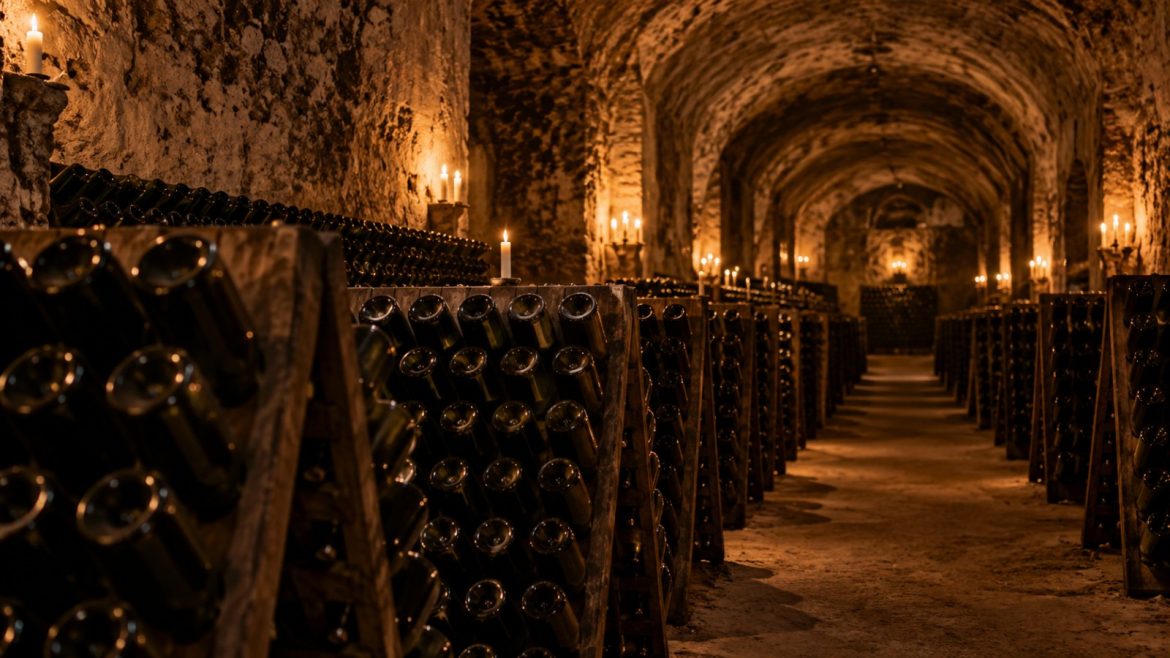 Champagnerflaschen in Rüttelpulten in einem alten Kreidekeller