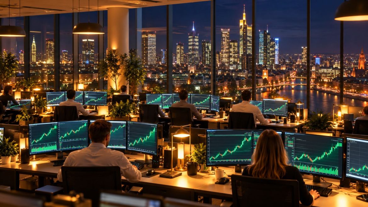 Handelsbüro bei Nacht mit beleuchteter Skyline, Händler von hinten vor Bildschirmen mit grünen Kurscharts