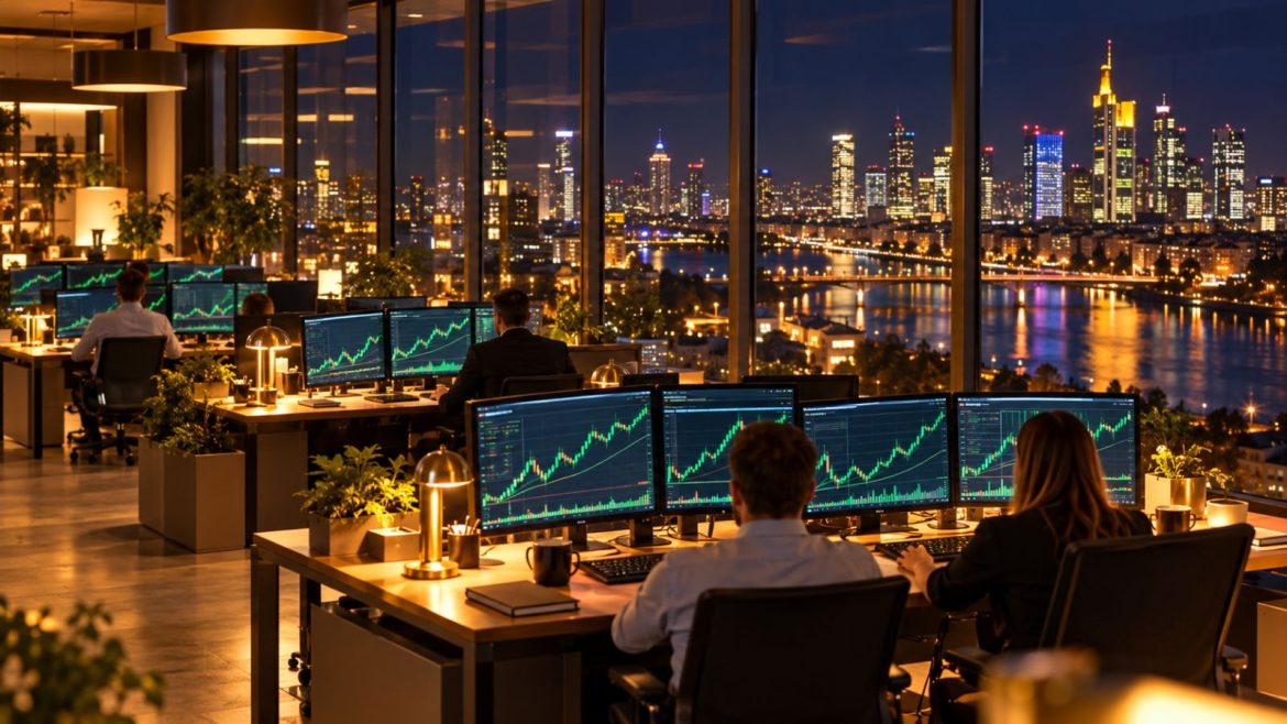 Handelsbüro bei Nacht: Händler von hinten vor Bildschirmen mit grünen Kurscharts, dahinter beleuchtete Skyline