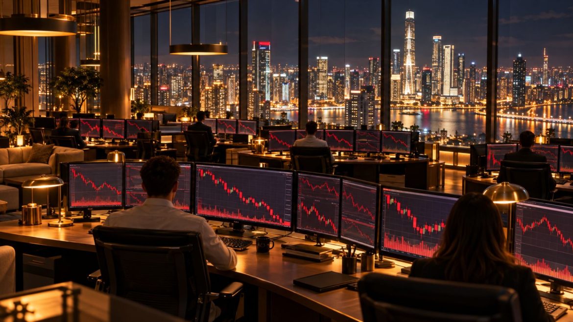 Handelsbüro bei Nacht mit beleuchteter Skyline, Händler von hinten vor Bildschirmen mit fallenden roten Kurscharts