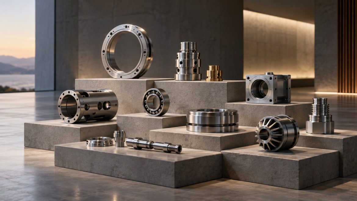 Verschiedene Industriebauteile auf gestuften Betonsockeln wie in einer Ausstellung