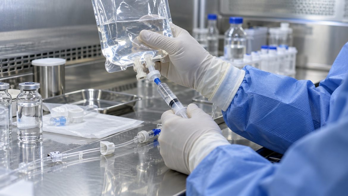 Behandschuhte Hände bereiten in einem sterilen Labor einen Infusionsbeutel vor