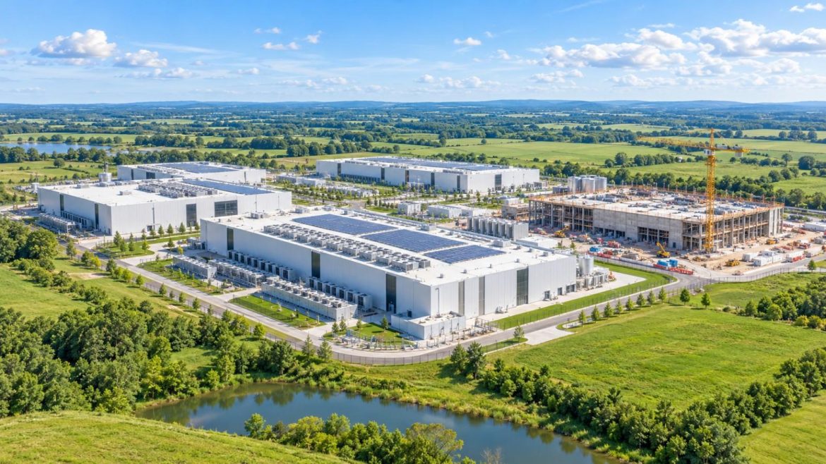 Rechenzentrums-Campus mit Solardächern und Baukran an einem sonnigen Morgen