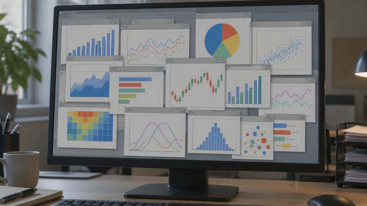 Monitor mit vielen kleinen, überlappenden Chartfenstern in einer grauen Oberfläche