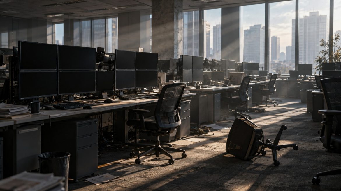 Verlassener Handelsraum mit abgeschalteten Monitoren und umgekipptem Stuhl im schrägen Oktoberlicht