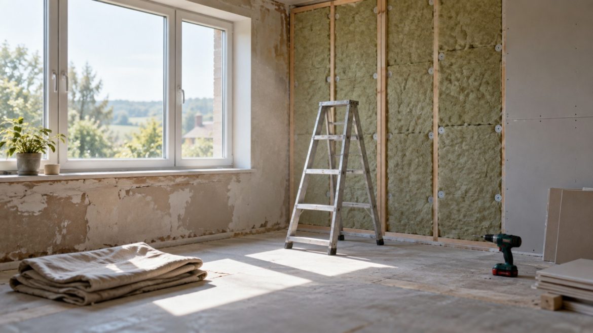 Halb renovierter Raum mit neuem Fenster, Dämmplatten, Leiter und Akkuschrauber