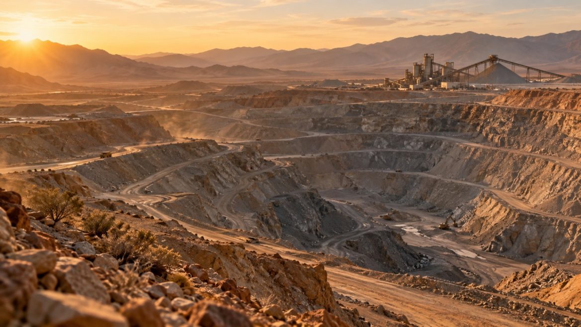 Tagebau in der Mojave-Wüste zur goldenen Stunde mit Aufbereitungsanlage im Hintergrund