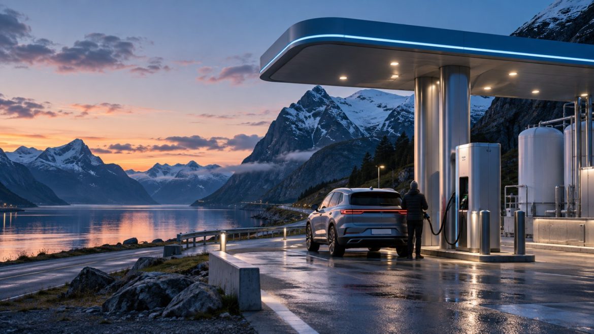 Wasserstofftankstelle an einer Fjordstraße in Norwegen in der Dämmerung