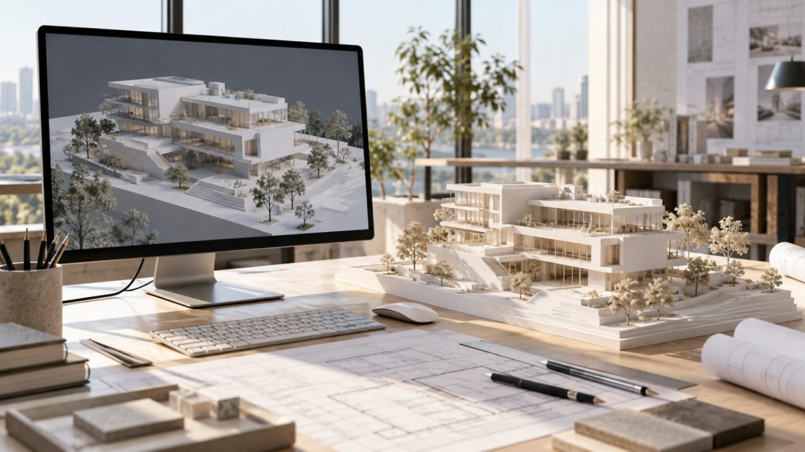 Architektenarbeitsplatz mit 3D-Gebäudemodell am Bildschirm und weißem Architekturmodell