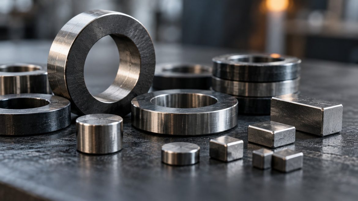 Präzisionsgefertigte Magnetringe und Seltenerd-Metallstücke in Makroaufnahme