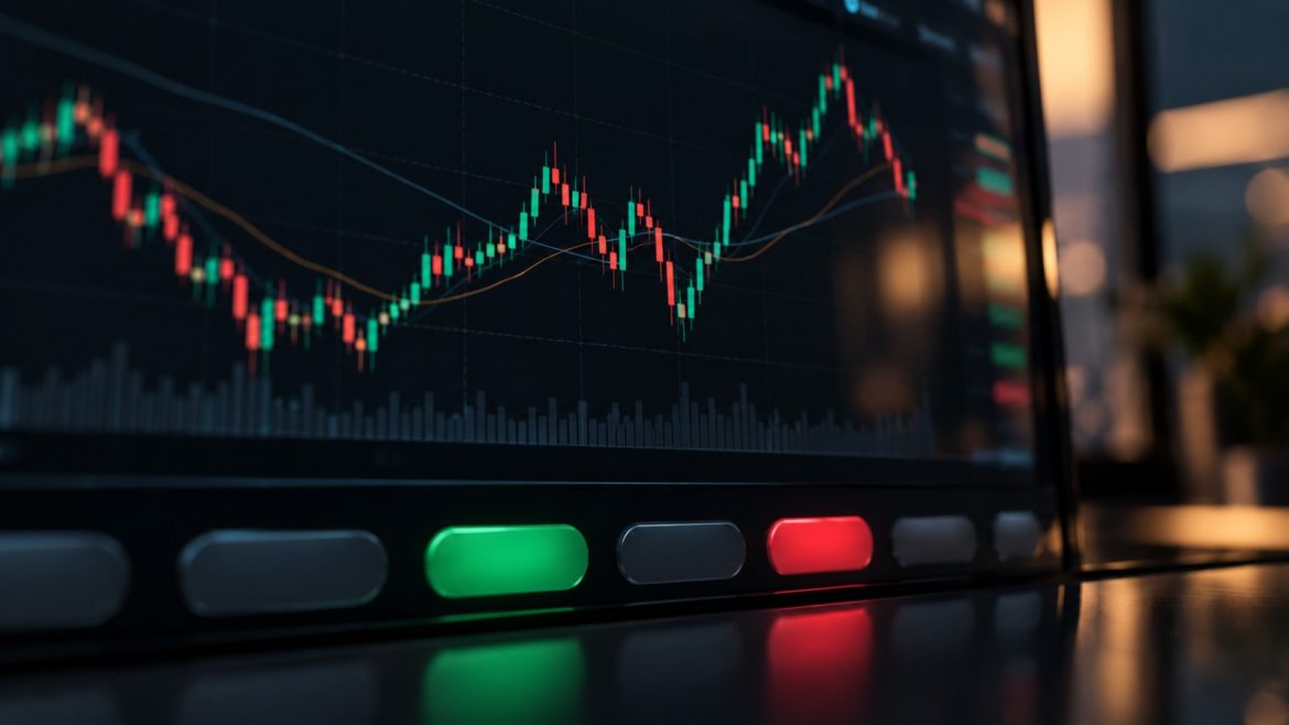 Dunkler Trading-Bildschirm mit abstraktem Chart und einer Reihe runder Schaltflächen in Grün und Rot