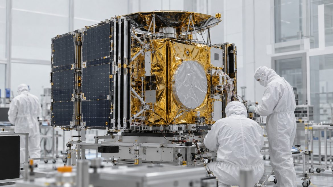 Satellit mit goldener Thermofolie im Bau in einem weißen Reinraum