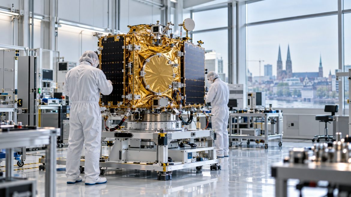 Kleinsatellit wird im Reinraum integriert, Ingenieure von hinten