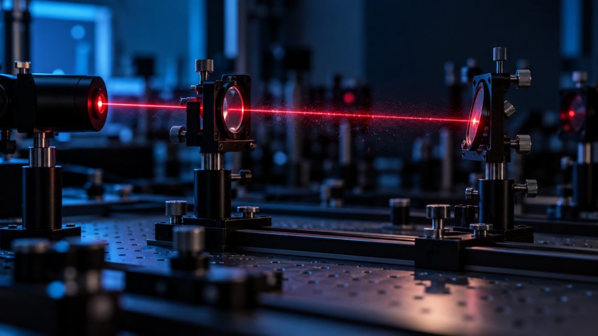 Optische Bank mit sichtbarem Laserstrahl in einem Labor