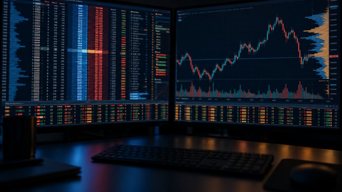 Trading-Arbeitsplatz bei Nacht mit Orderbuch, Volumenchart und laufender Umsatzliste auf zwei Monitoren