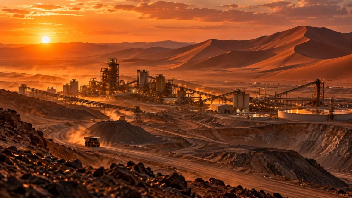 Uranmine in der Namib-Wüste mit Aufbereitungsanlage und Dünen bei Sonnenuntergang