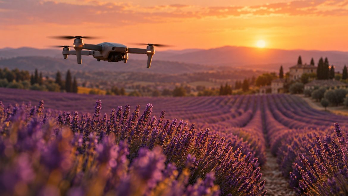 Kleine Drohne schwebt über einem Lavendelfeld in der Provence bei Sonnenuntergang