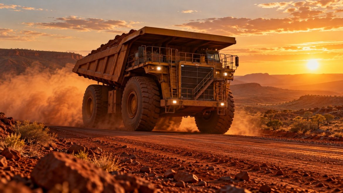 Großer Muldenkipper auf einer roten Staubpiste im Pilbara zur goldenen Stunde