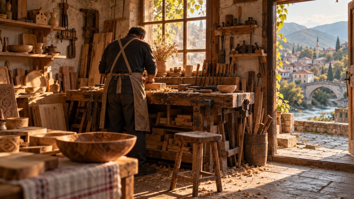 Handwerker in einer kleinen Werkstatt in einer Balkanstadt im warmen Nachmittagslicht