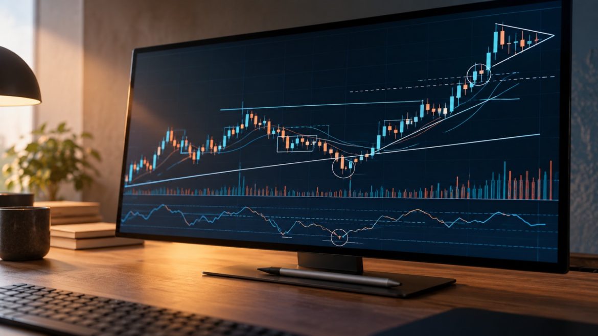 Bildschirm mit abstraktem Chart, eingezeichneten Trendlinien und einem Eingabestift am Monitorfuß