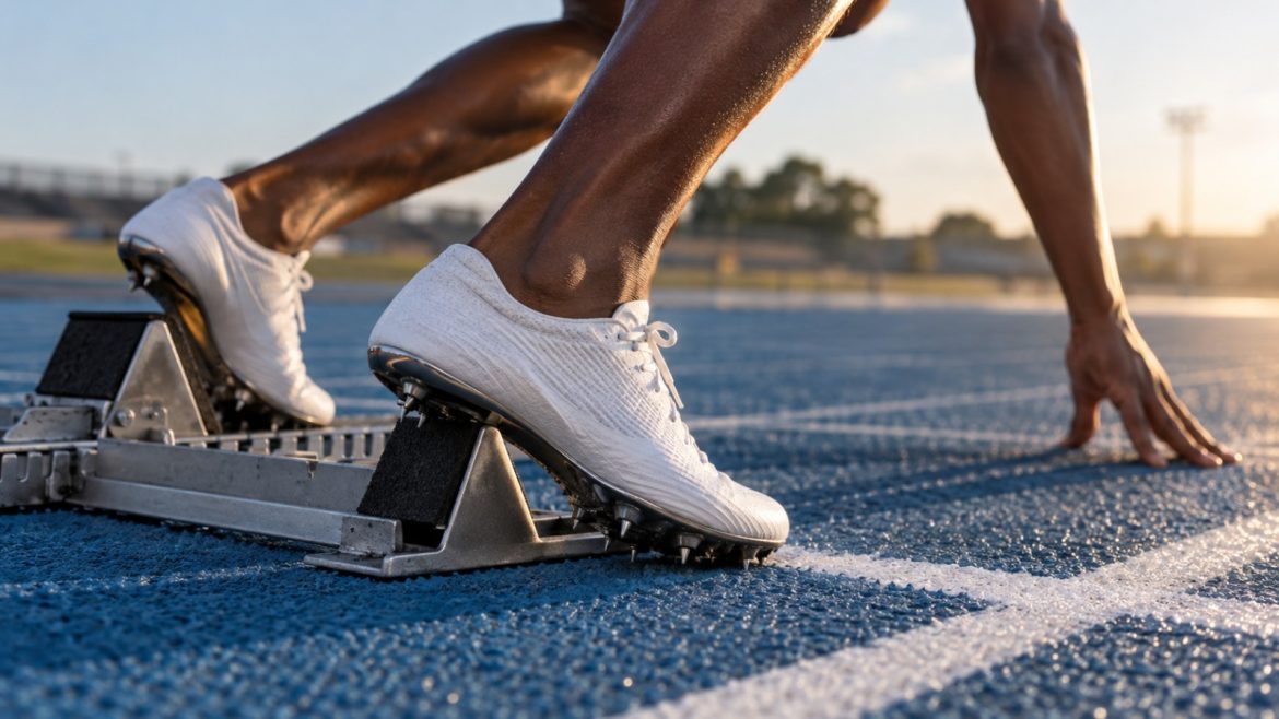 Füße eines Sprinters in neutralen Spikes an der Startlinie einer blauen Laufbahn