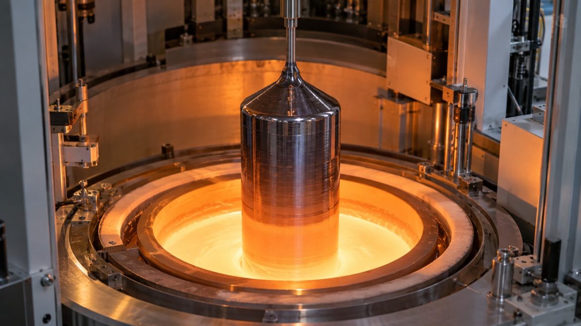 Silizium-Einkristall wird aus einem glühenden Tiegel gezogen