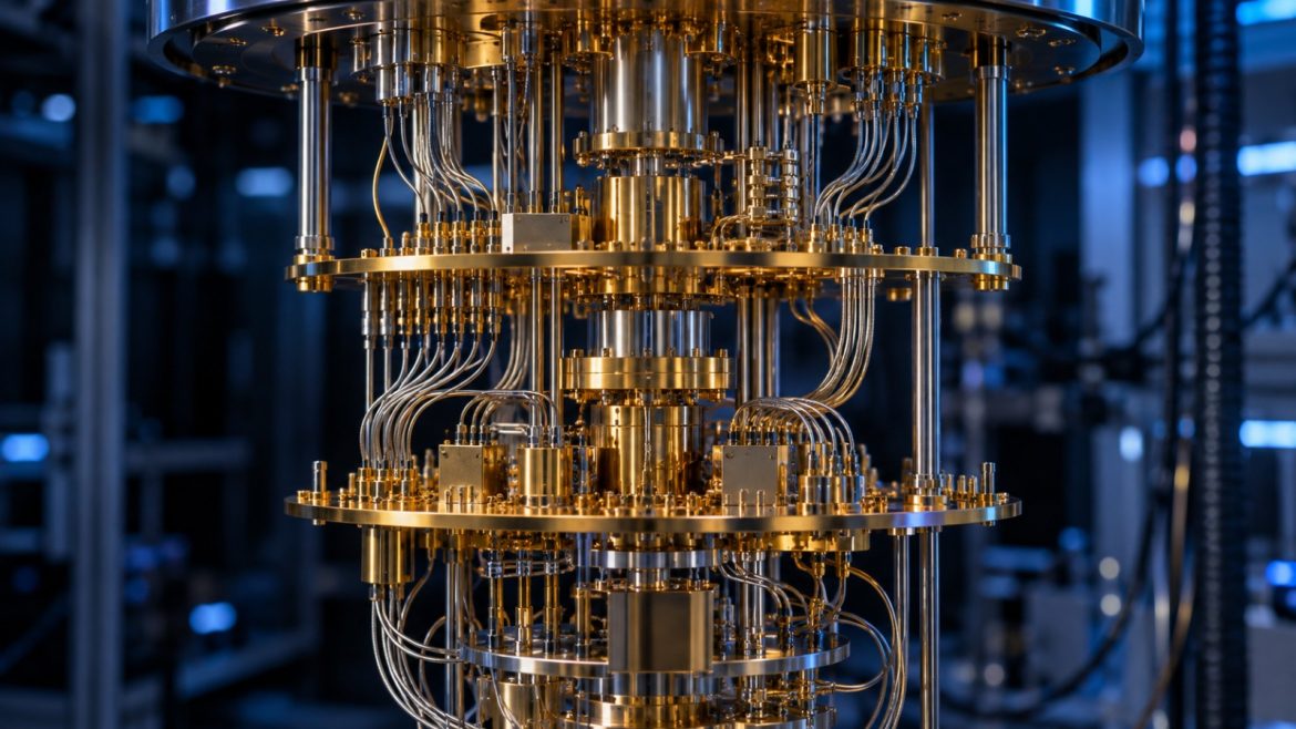 Nahaufnahme eines Quantencomputer-Kryostaten mit goldenen Kühlstufen und feinen Koaxialkabeln im kühlen blauen Laborlicht