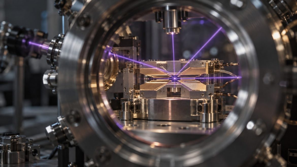 Ionenfallen-Quantenchip in einer Vakuumkammer mit feinen violetten Laserstrahlen