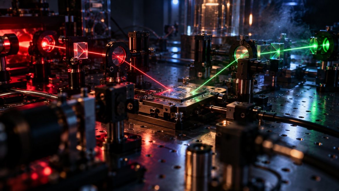 Photonischer Quantenchip auf einem optischen Tisch mit roten und grünen Laserstrahlen
