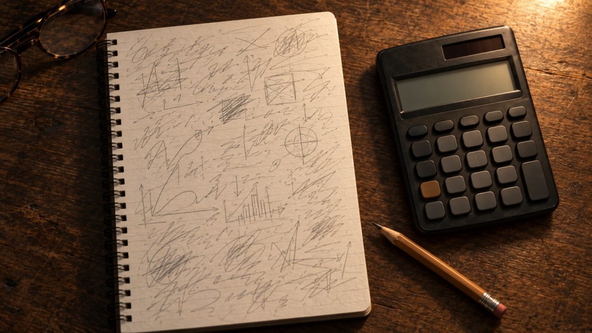 Notizblock mit handschriftlichen Berechnungen, Taschenrechner und Bleistift unter einer Schreibtischlampe