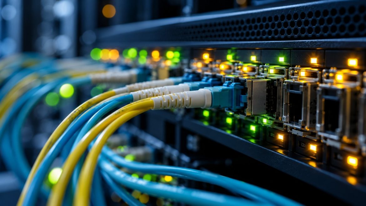 Glasfaser-Patchkabel in einem Netzwerk-Switch mit grünen und gelben Statuslichtern