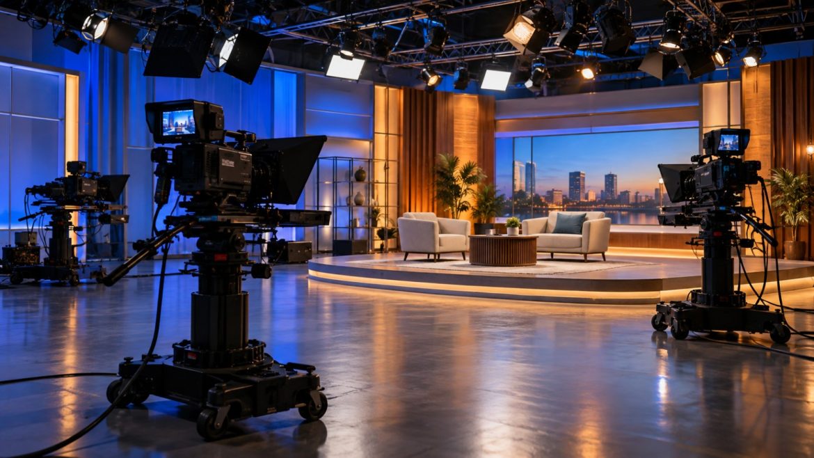 Leeres Fernsehstudio mit Kameras und Scheinwerfern