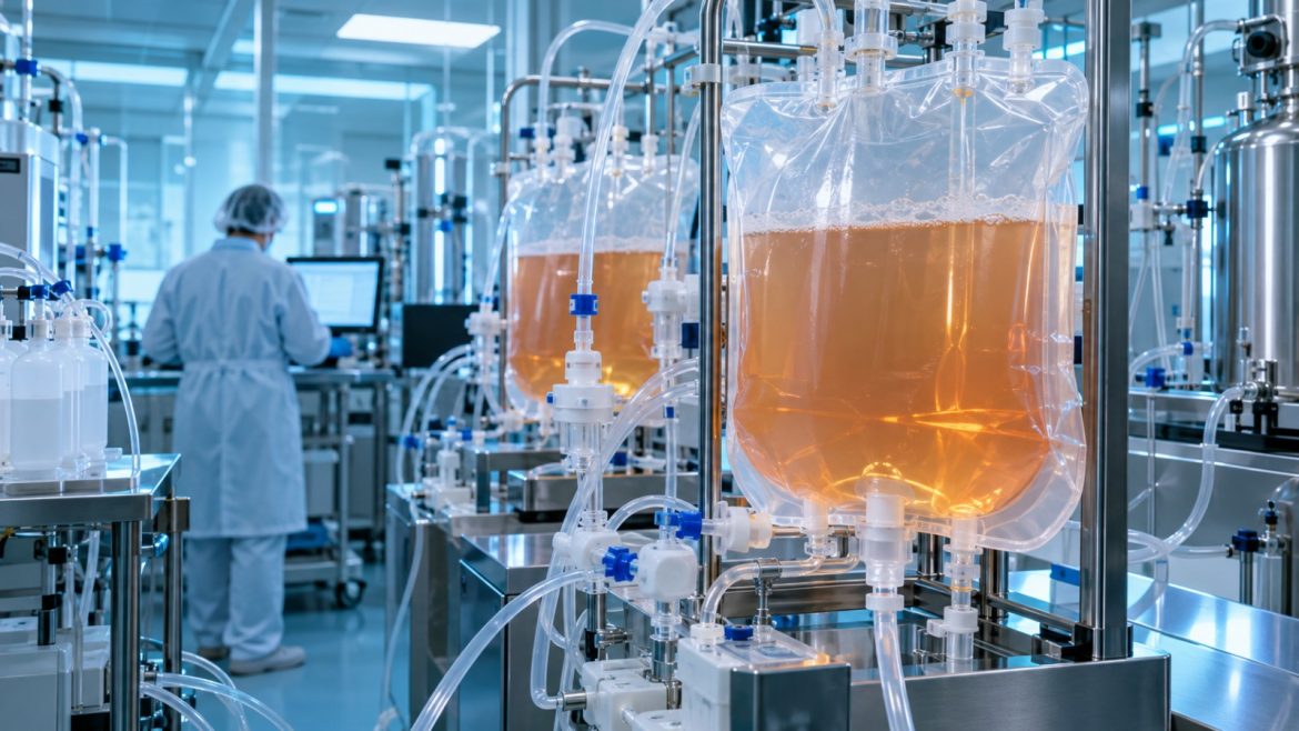 Einweg-Bioreaktorbeutel und Schläuche in einem Biotechlabor