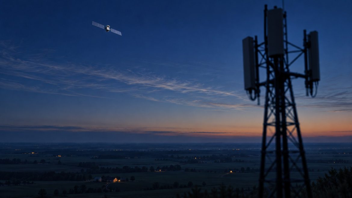 Mobilfunkmast als Silhouette zur blauen Stunde, darüber ein Satellit mit Solarflügeln am dunkelblauen Himmel über ländlicher Landschaft