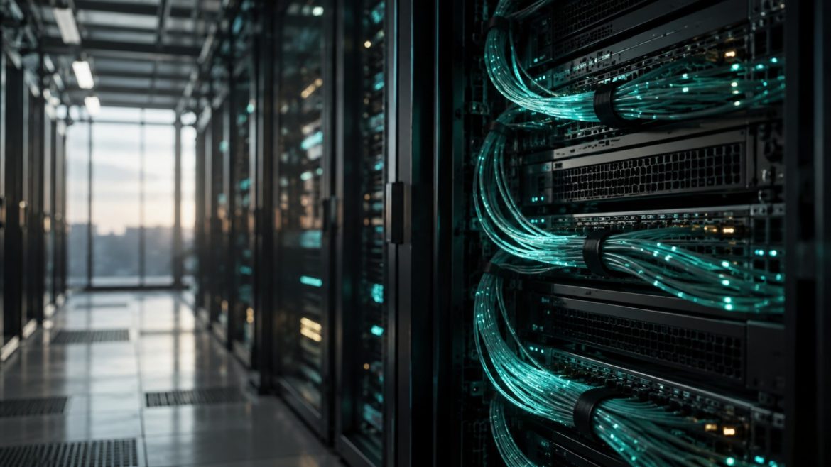 Serverschrank mit leuchtenden Glasfaserkabeln in einem dunklen Rechenzentrum