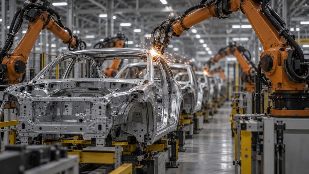 Schweißroboter an Karosserien im Rohbau einer Autofabrik
