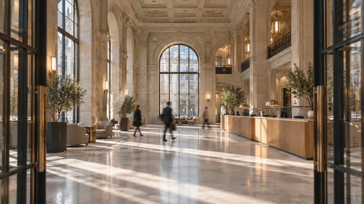 Schalterhalle einer Bank in einem historischen Gebäude mit hohen Bogenfenstern
