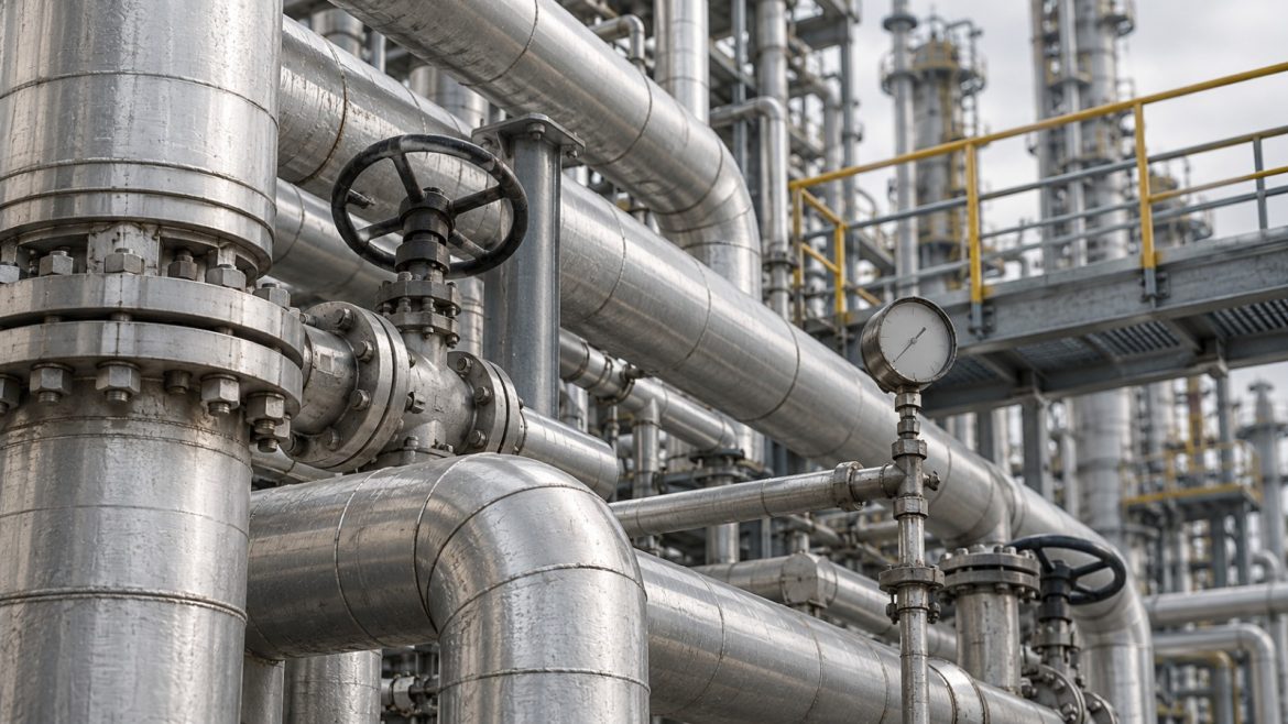 Rohrleitungen mit Ventilrad und Manometer in einer Chemieanlage