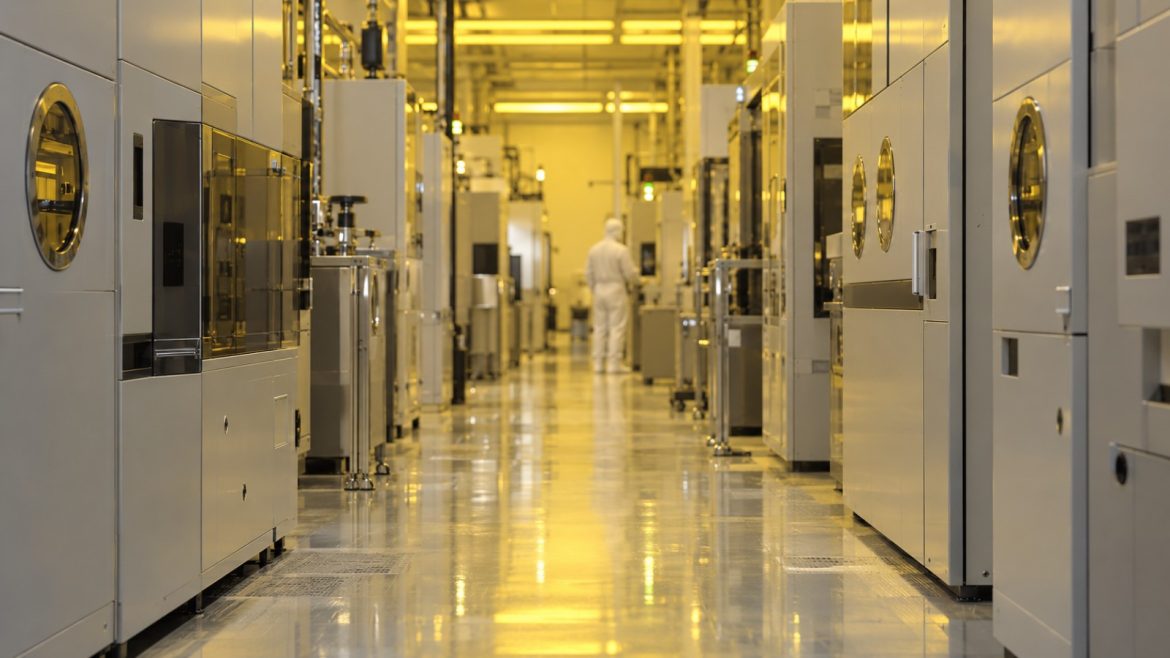 Reinraum einer Halbleiterfabrik mit Prozessanlagen und gelbem Lithografie-Licht