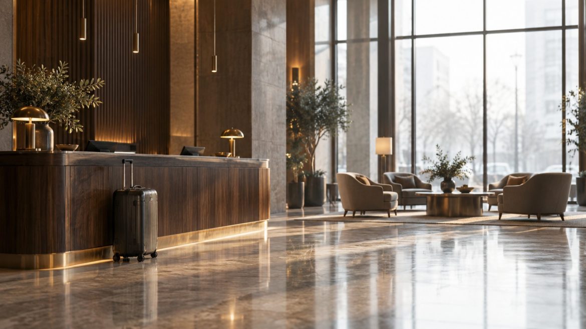 Leere Hotellobby am Morgen mit Rezeption und einem Koffer