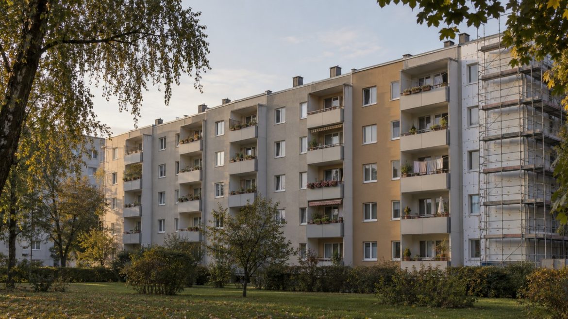 Mehrfamilienhäuser aus den 1960er-Jahren mit Balkonen und Gerüst zur Dämmung