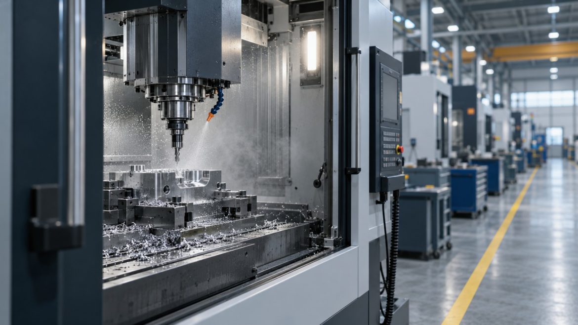 CNC-Bearbeitungszentrum mit geöffneter Tür in einer modernen Fertigungshalle