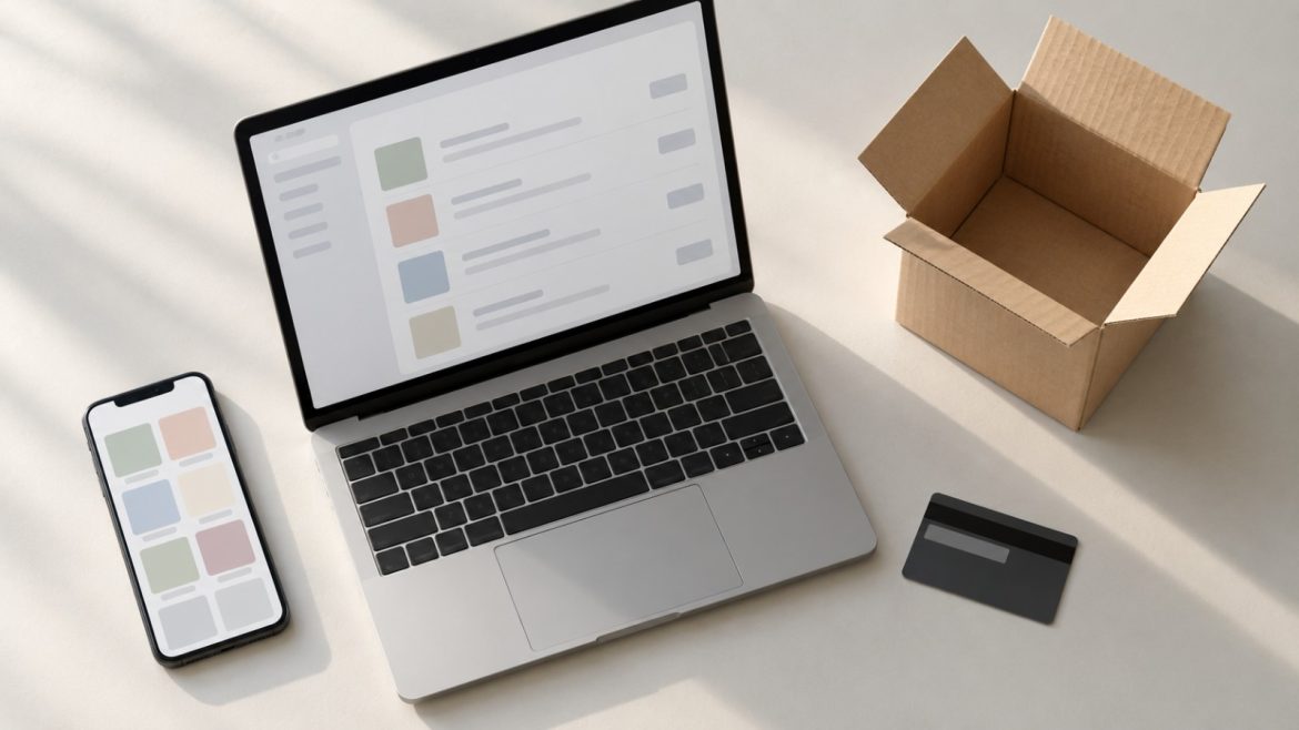 Smartphone, Laptop, Bankkarte und offenes Paket auf einem hellen Schreibtisch von oben