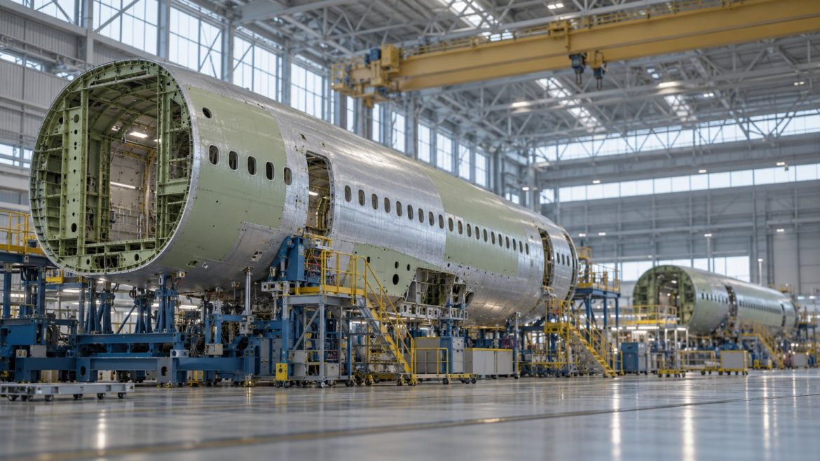 Unlackierter Flugzeugrumpf in einer Endmontagehalle