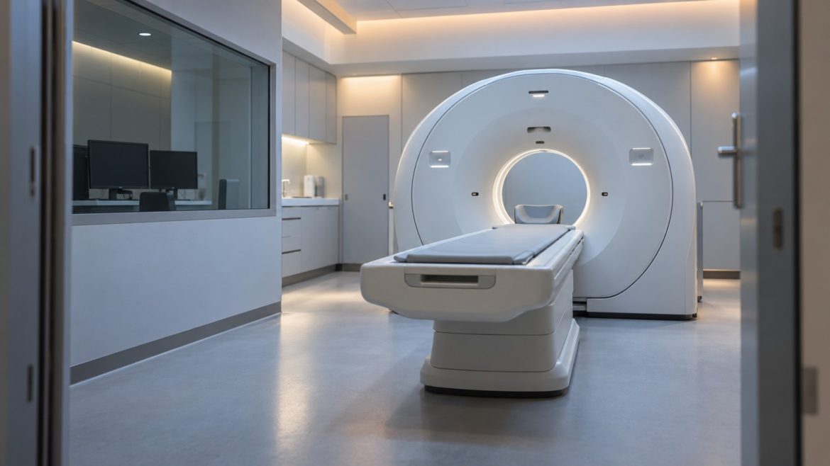 Leerer Untersuchungsraum mit ringförmigem Scanner und ausgefahrener Patientenliege