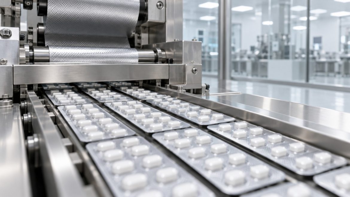 Blistermaschine verpackt weiße Tabletten in einer Pharmaproduktion