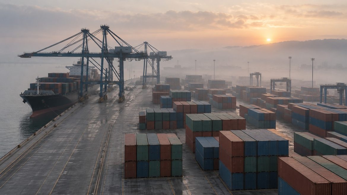 Containerterminal im Morgendunst mit Containerbrücken und Schiff