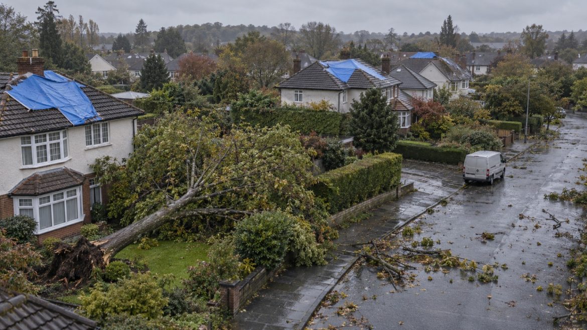 Wohnstraße nach einem Sturm mit umgestürztem Baum und abgedeckten Dächern