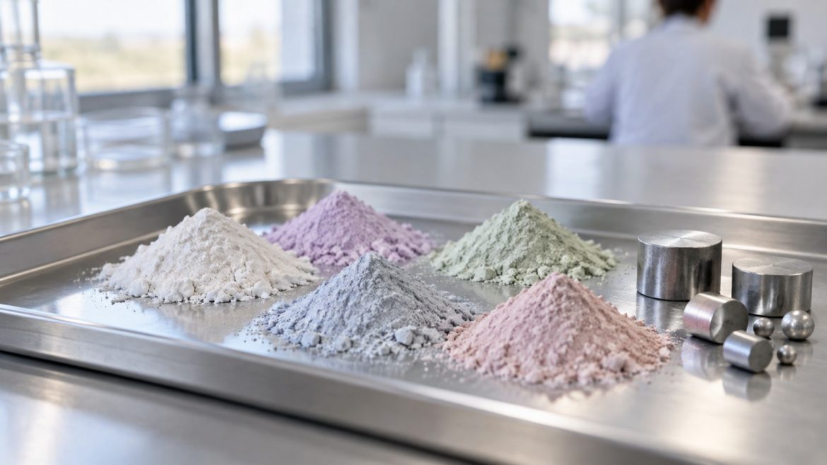 Kleine Häufchen verschiedener Seltenerd-Oxide in Pastelltönen auf einem Laborblech