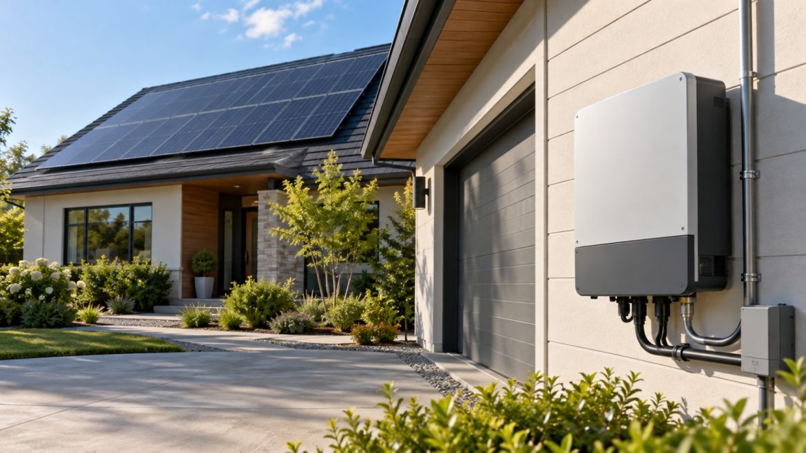 Solar-Wechselrichter an einer Garagenwand, dahinter ein Dach mit Solarmodulen